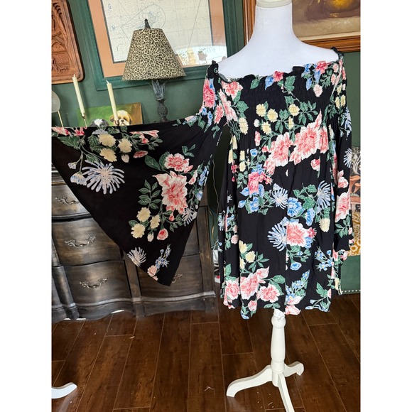 Favlu Fashion Dresses & Skirts - Favlu Black Floral Smocked Off Shoulder Bell Sleeve Boho Mini Dress M
